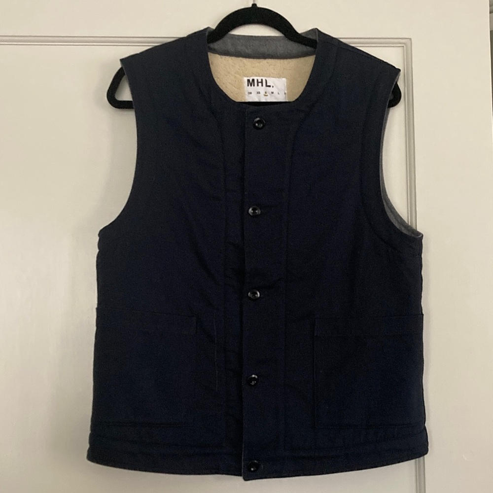 MHL Margaret Howell Navy Shearling Vest - Picture 2 of 12